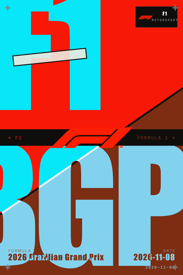 SportsMeta member Brutalist poster sample showing stripped-back type-led layout for a Formula 1 Brazilian Grand Prix weekend with real F1 mark
