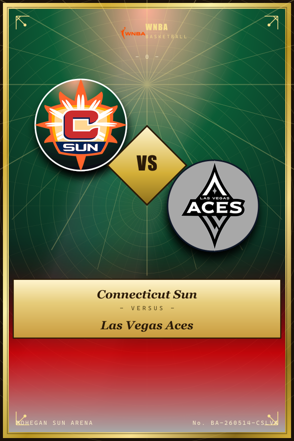 SportsMeta member Trading Card poster sample showing spotlight card layout for a Connecticut Sun vs Las Vegas Aces WNBA basketball fixture with real team crests